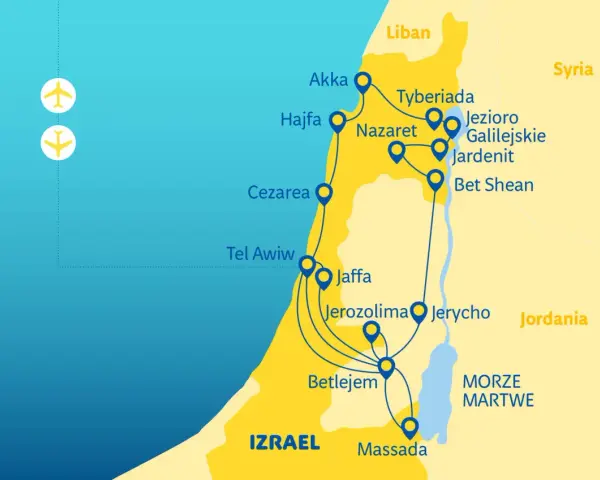 Mapa Izraela z zaznaczonym Nazaretem, Tyberiadą i Jerozolimą. Pokazuje, gdzie leży Nazaret, blisko Jeziora Galilejskiego.