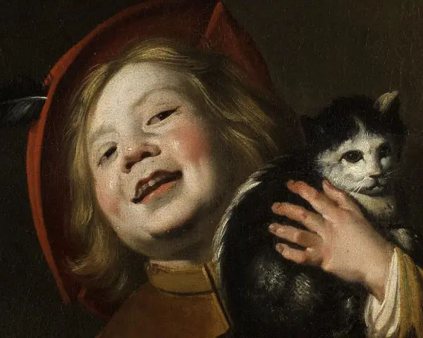 Dziecko w czerwonym kapeluszu z piórkiem, trzymające czarno-białego kota. Obraz Judith Leyster.