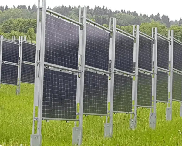 Rzędy wydajnych paneli fotowoltaicznych na tle zielonego lasu. Instalacja na łące, gotowa do produkcji czystej energii.