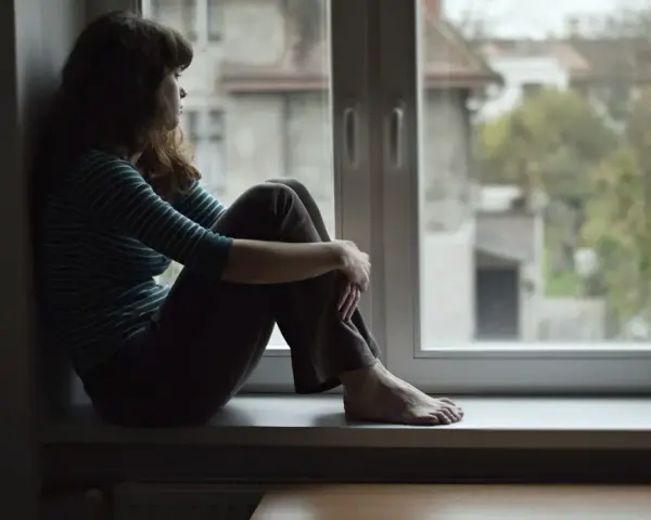 Dziewczyna siedzi na parapecie, patrząc przez okno. Czy to melancholia co to? Smutek i zaduma w jej oczach.