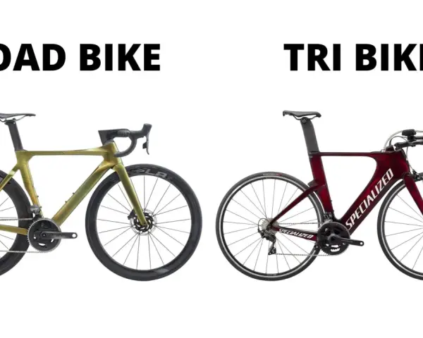 A green tt bike and a red tri bike are shown side-by-side, highlighting their distinct frame designs and handlebars for speed.