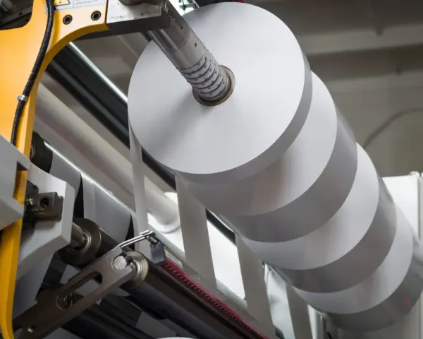 Rollo gigante de papel blanco en una máquina industrial. La densidad del papel es clave para la calidad de impresión.