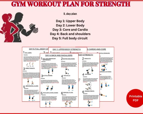 Plan treningowy siłownia 5-dniowy: Dzień 1: Górna część ciała, Dzień 2: Dolna część ciała, Dzień 3: Core i cardio, Dzień 4: Plecy i barki, Dzień 5: Pełne ciało.