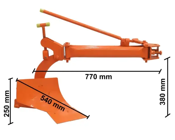 Pomarańczowy pług do orania z widocznymi wymiarami: 770 mm długości, 380 mm wysokości i 250 mm głębokości roboczej.