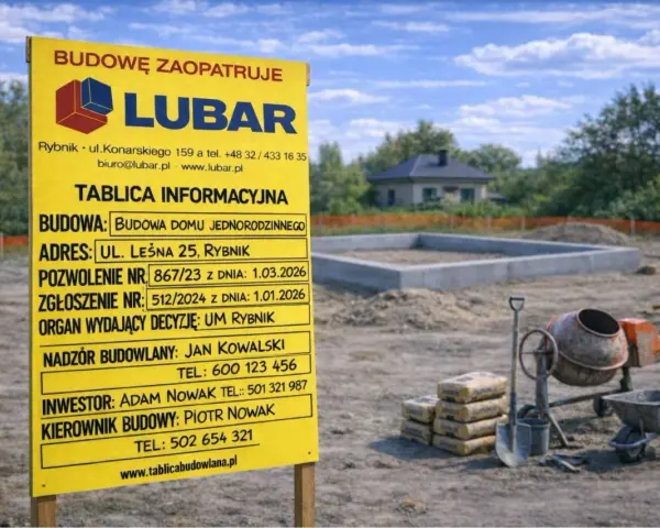 Żółta tablica informacyjna budowy z danymi o inwestycji i logo firmy LUBAR na tle placu budowy.