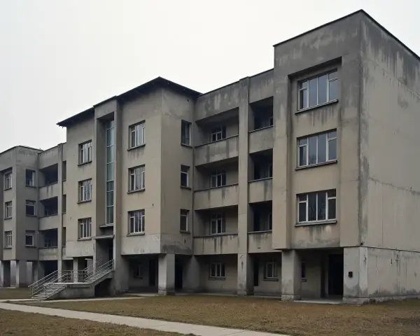 Szary blok mieszkalny z balkonami i dużymi oknami, typowy przykład architektury PRL.