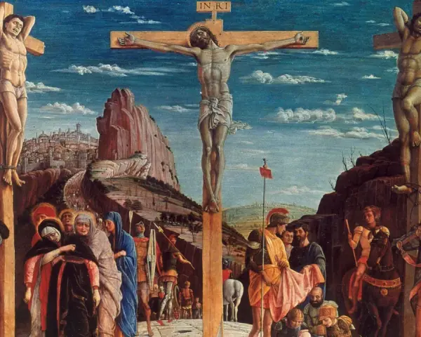 Die Kreuzigung Jesu mit zwei Schächern. Die Frage "wann ist Jesus gestorben" wird hier bildlich beantwortet.