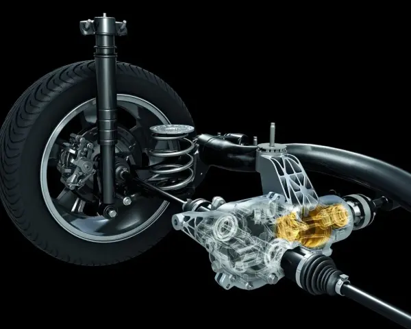 Przekładnia z widocznym mechanizmem napędu 4x4 dołączany automatycznie. Widoczna sprężyna, amortyzator i półosie.