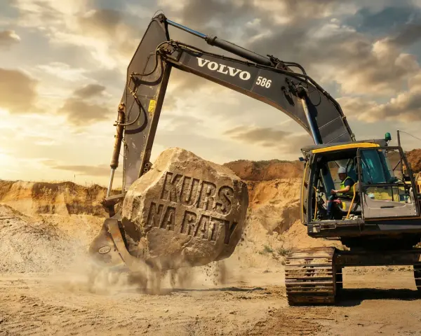Koparka Volvo podnosi kamień z napisem "KURS NA RATY". Operator w kabinie, piasek i zachodzące słońce.