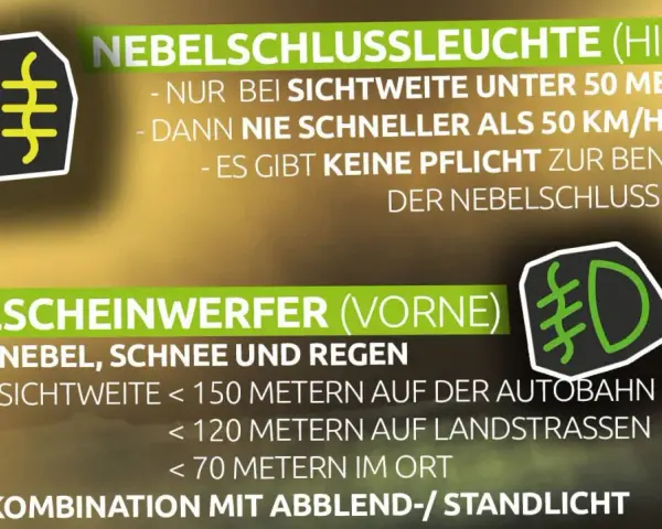 Die Nebelschlussleuchte (hinten) leuchtet rot. Infos zur Nutzung bei schlechter Sicht.