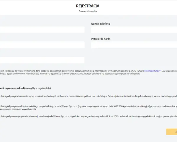Formularz rejestracyjny z polem na e-mail, hasło, numer telefonu, potwierdzenie hasła i kod promocyjny ewinner kod promocyjny PROBUKMACHER. Zgody marketingowe i RODO.
