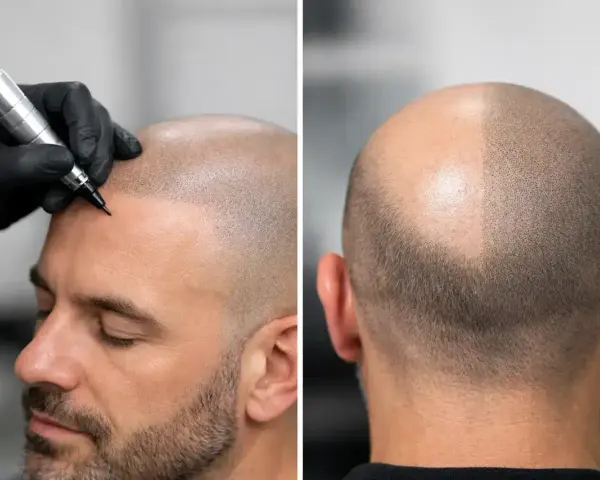 Un hombre recibe micropigmentación capilar para simular cabello. La imagen muestra el proceso y el resultado parcial.