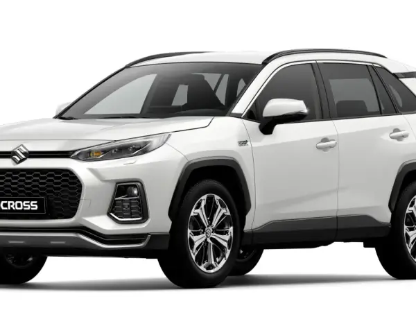 Biały SUV Suzuki Across 4x4 z napędem hybrydowym plug-in, widok z przodu.