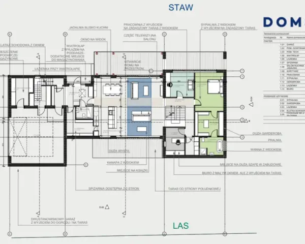 Projekt budowlany domu z podziałem na pomieszczenia: salon, kuchnia, sypialnie, garaż, pracownia, łazienki, garderoby.