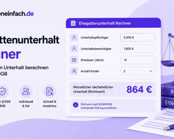 Ehegattenunterhalt Rechner: So berechnen Sie den nachehelichen Unterhalt nach §1569 BGB einfach und fair. Der Richtwert wird angezeigt.