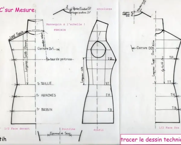 Dessin technique de mannequins de couture, avant et dos, avec mesures et annotations.