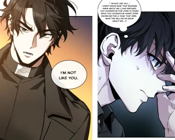 Zwei Manga-Charaktere, einer mit Priesterkragen, der andere nachdenklich.