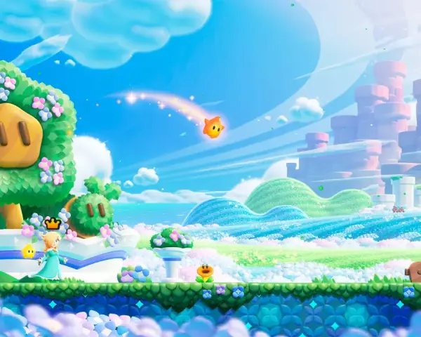 Rosalina explora un mundo especial de Mario Wonder, con un árbol con cara de cerdo, flores y un cielo vibrante.