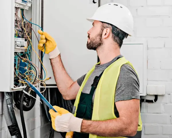 Elektryk w kasku i kamizelce odblaskowej pracuje przy skrzynce z przewodami. Sprawdź nasz cennik usług elektrycznych!