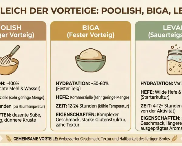Vergleich von Vorteigen: Poolish, Biga (fester Teig) und Levain. Biga ist ein fester Teig mit ca. 50-60% Hydratation.