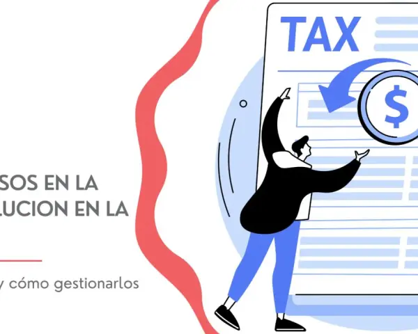 Ilustración de personas gestionando retrasos en la devolución de la renta, con un documento de TAX y monedas de dólar.