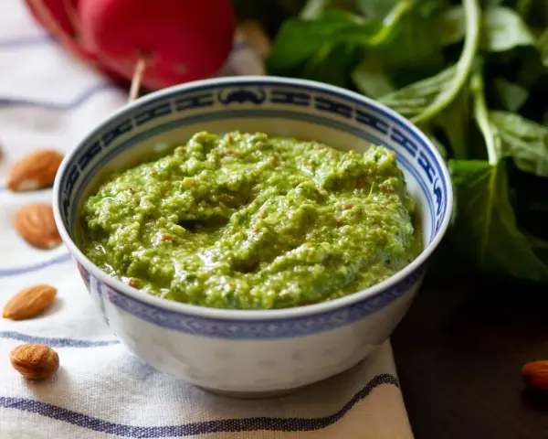 Zielone pesto z liści rzodkiewki, z migdałami i świeżymi liśćmi w tle. Idealne do makaronu lub jako dodatek do kanapek.