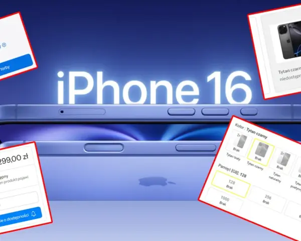 Nowy iPhone 16 w kolorze tytan czarny, z informacjami o cenie i dostępności.