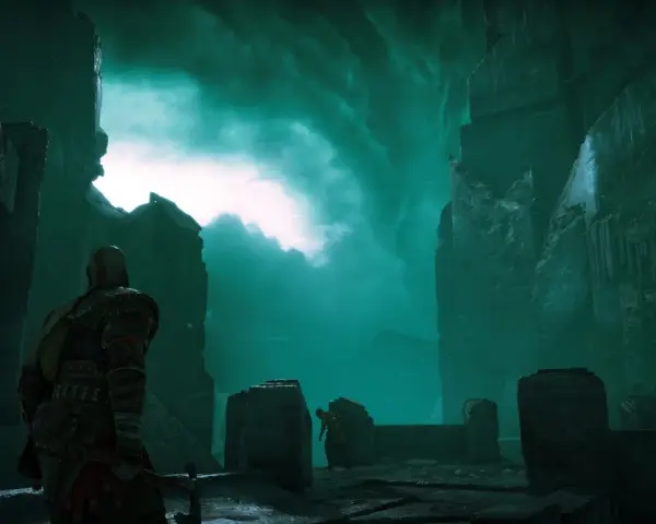 Kratos se adentra en Helheim, el reino de los muertos de God of War, bajo un cielo verde espectral.