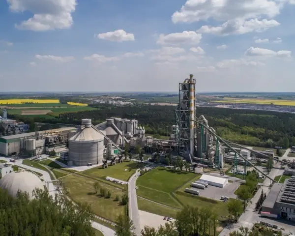 Zakłady Lafarge z lotu ptaka, z dominującą wieżą pieca cementowego i silosami, otoczone zielenią i polami.