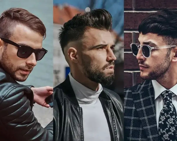 Trzech mężczyzn w stylowych fryzurach. Jeden z nich ma modną french crop, drugi zaczesane włosy do góry, a trzeci krótkie włosy z grzywką.
