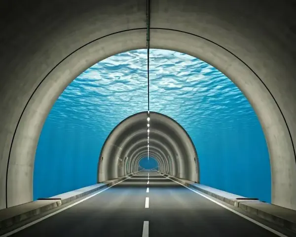 An underwater tunnel with a road leading into the distance. This surreal scene makes you wonder, does the Eurostar go underwater?