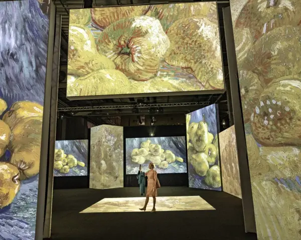 En utställning med Vincent van Goghs målningar projicerade på stora skärmar. Här finns fakta om Vincent van Gogh, med fokus på hans fruktmotiv.