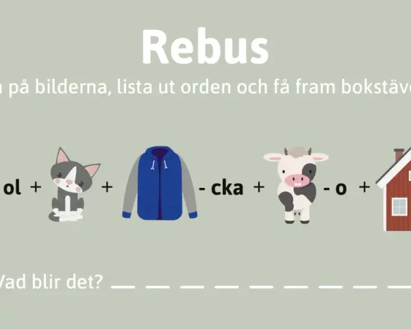 Rebus puzzle with images of a sun, cat, jacket, cow, and house, with text and symbols.