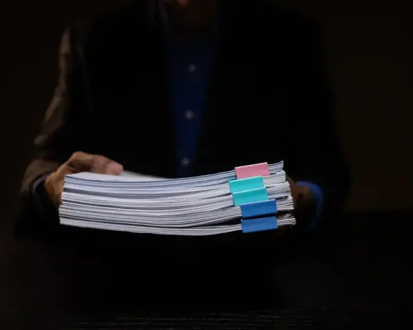Mężczyzna w garniturze trzyma stos dokumentów z kolorowymi spinaczami. Może to być materiał dowodowy w sprawie hipoteka przymusowa.