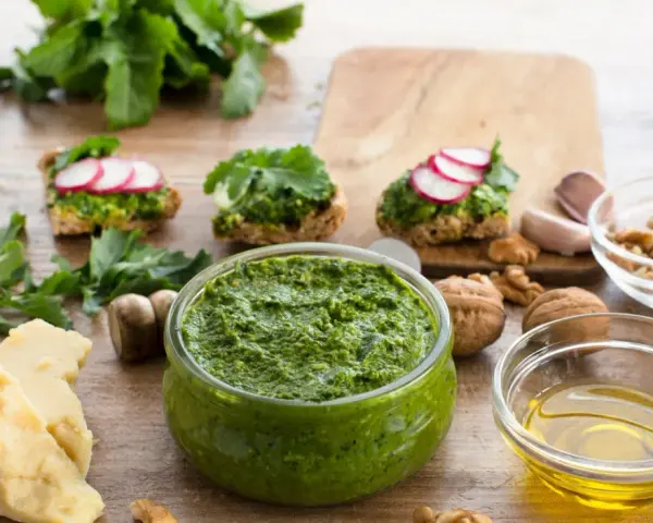 Zielone pesto w misce, obok składniki: ser, orzechy, cytryna, czosnek, oliwa.