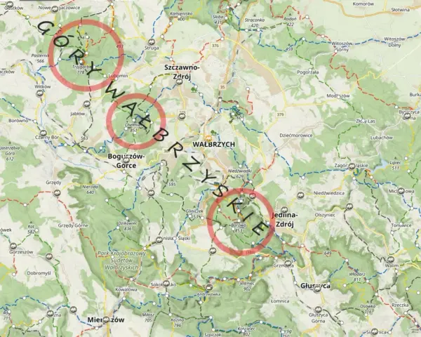 Góry Wałbrzyskie szlaki: mapa z zaznaczonymi trasami pieszymi i rowerowymi, w tym w okolicach Boguszowa-Gorc i Jedliny-Zdroju.