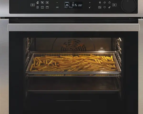 Horno con una bandeja llena de patatas fritas en su interior.
