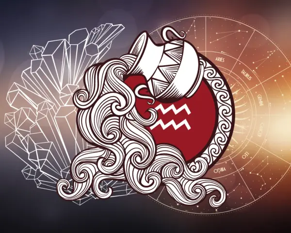 Symbol Wodnika, czyli jaki to znak zodiaku, w otoczeniu kryształów i koła zodiaku.