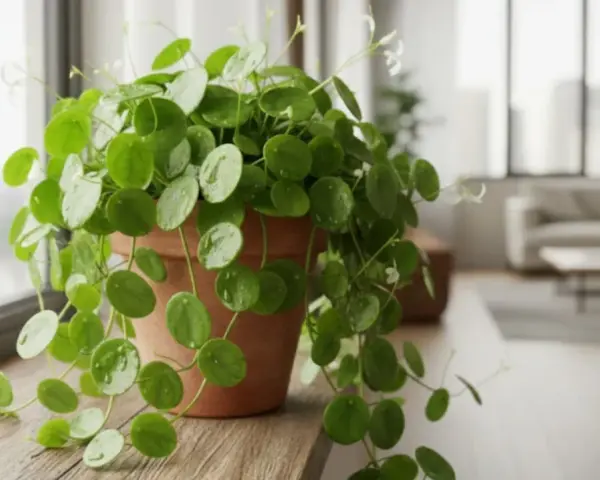 Planta del dinero en maceta de terracota, ideal para colocar cerca de una ventana luminosa. Sus hojas redondas y verdes aportan vida al hogar.
