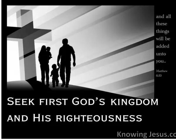 A family walks towards a glowing cross, symbolizing their commitment to seek first the kingdom of God.