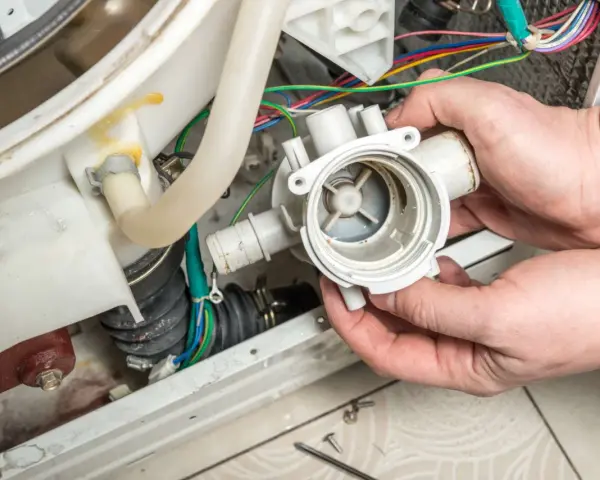 Hände halten eine Waschmaschine-Pumpe, die nicht abpumpt. Kabel und Schläuche sind sichtbar.