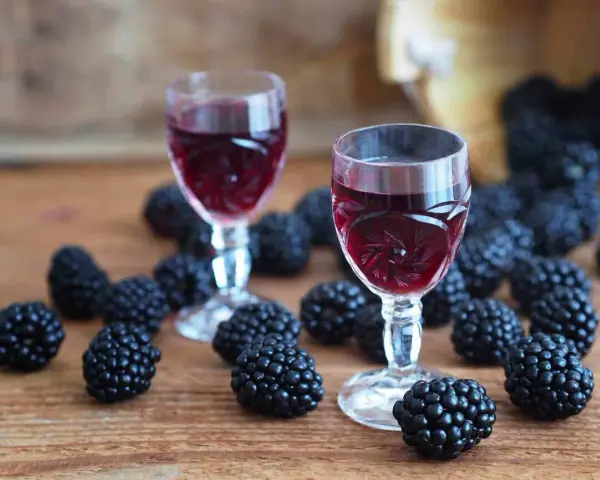 Dwa kieliszki z rubinową nalewką z jerzyn, otoczone świeżymi owocami na drewnianym blacie.