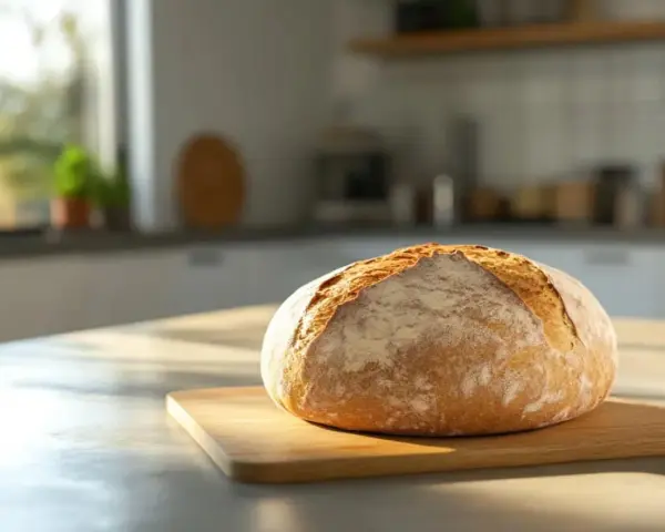 Ein frisch gebackenes Brot liegt auf einem Holzbrett. Der Teig ging perfekt auf, ein Beweis, dass der Sauerteig diesmal stimmte.