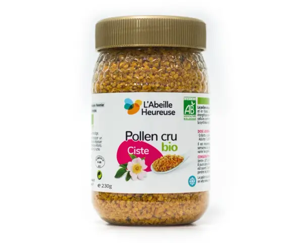 Pot de pollen cru bio de ciste, "L'Abeille Heureuse", 230g. Découvrez les pollen de ciste bienfaits pour votre bien-être.