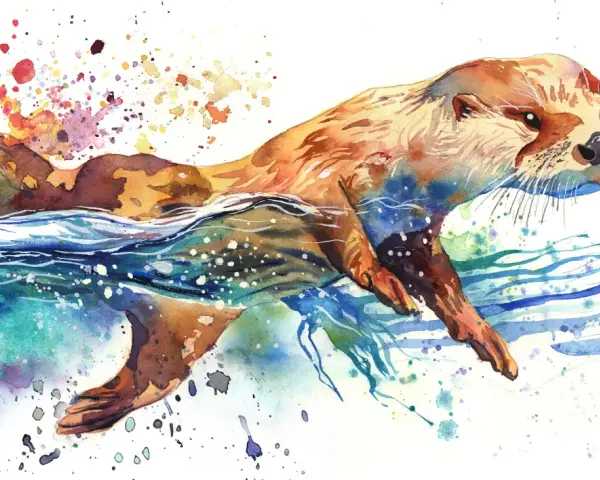 Un dessin à l'aquarelle d'une loutre nageant joyeusement dans des eaux bleues et vertes, avec des éclaboussures de couleurs vives.