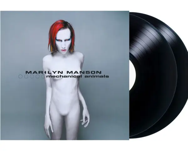 Pochette de l'album "Mechanical Animals" de Marilyn Manson, avec deux vinyles noirs. L'image évoque des créatures mécaniques.