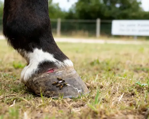Un cheval a une blessure au sabot, attirant des insectes qui ressemblent à une fourmilière cheval.