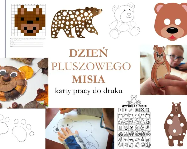 Kolaż z różnymi wizerunkami misiów: rysunki, maska, misie z liści, karty pracy.