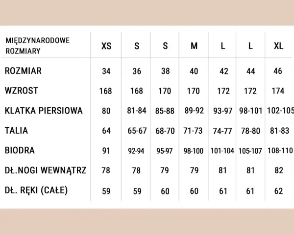 Tabela rozmiarów: wzrost 170 cm odpowiada rozmiarowi M (40), obwód klatki 89-92 cm, talii 71-73 cm, bioder 98-100 cm.