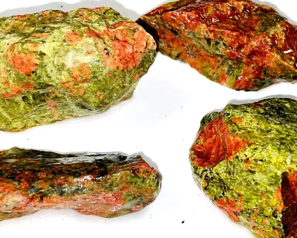 Quattro pezzi grezzi di unakite, con le loro vibranti sfumature verdi e rosse, mostrano le loro proprietà naturali.